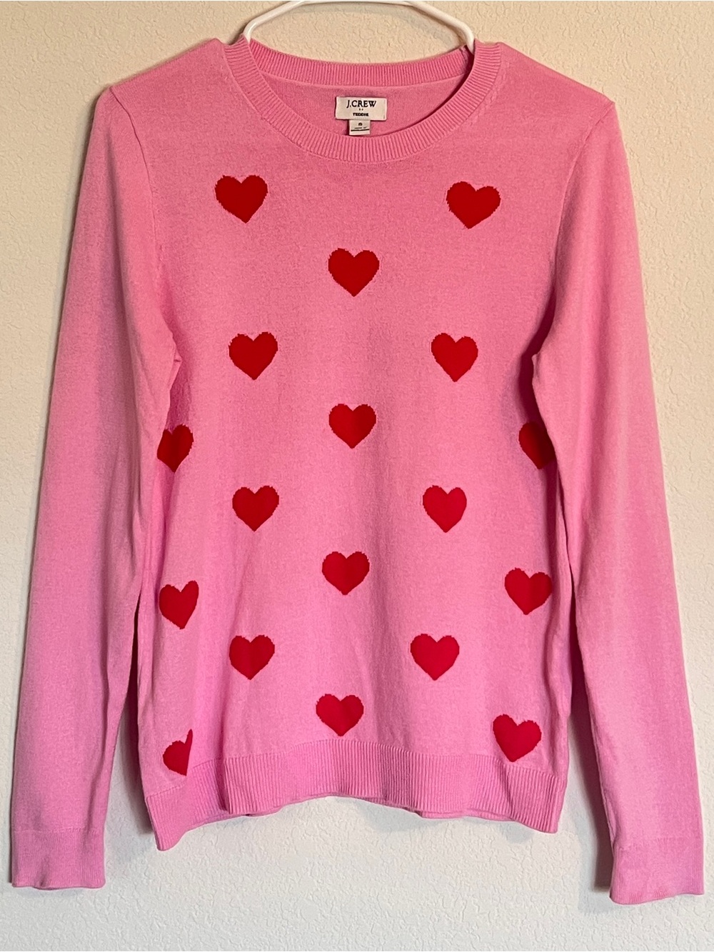 J.Crew Factory Teddie Pink Red Heart Crewneck Sweater 100% Cotton Ladies Small